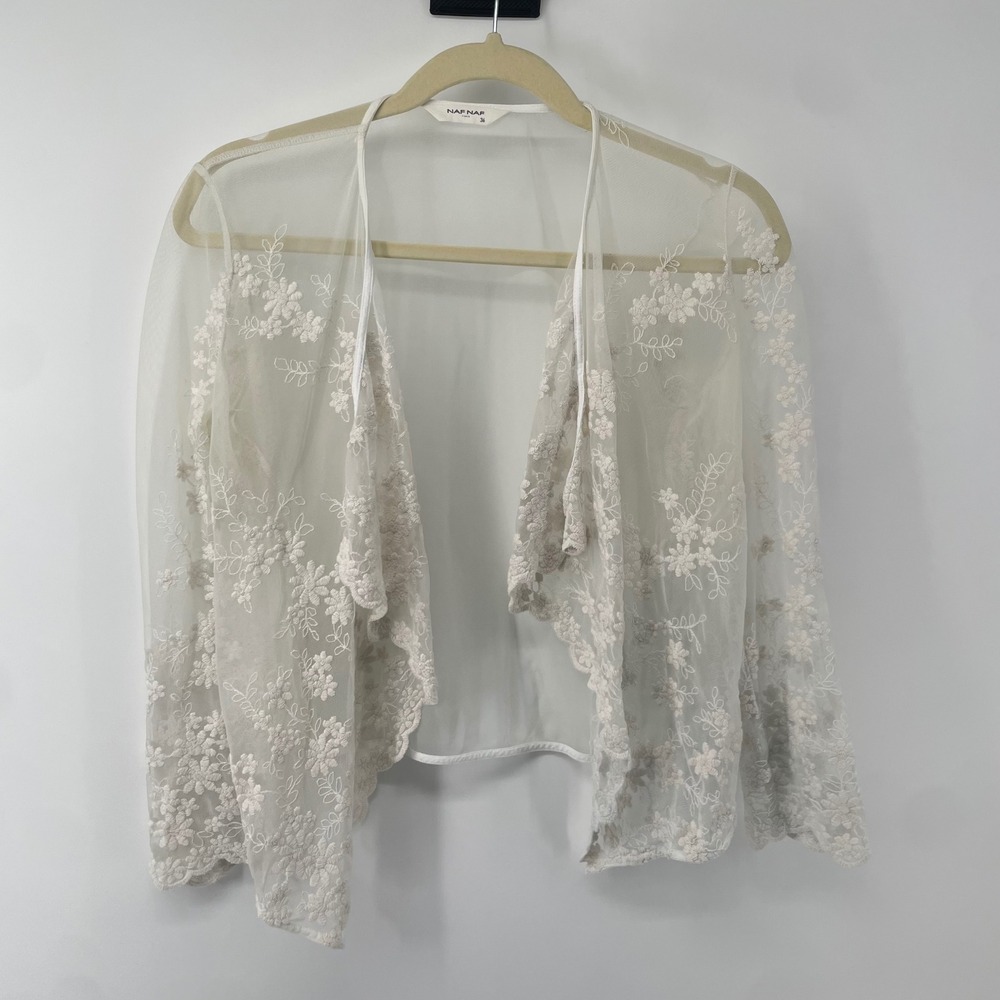 NAF NAF Embroidered Mesh Shrug Womens 36 White Sheer Floral Lace Cardigan Bolero